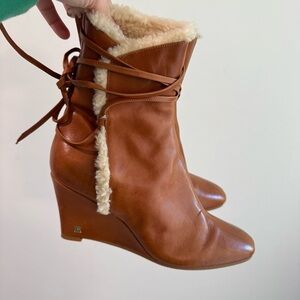 Rouje Paris Liv Camel Leather Wedge Boots Shearling Lined‎ Size 39